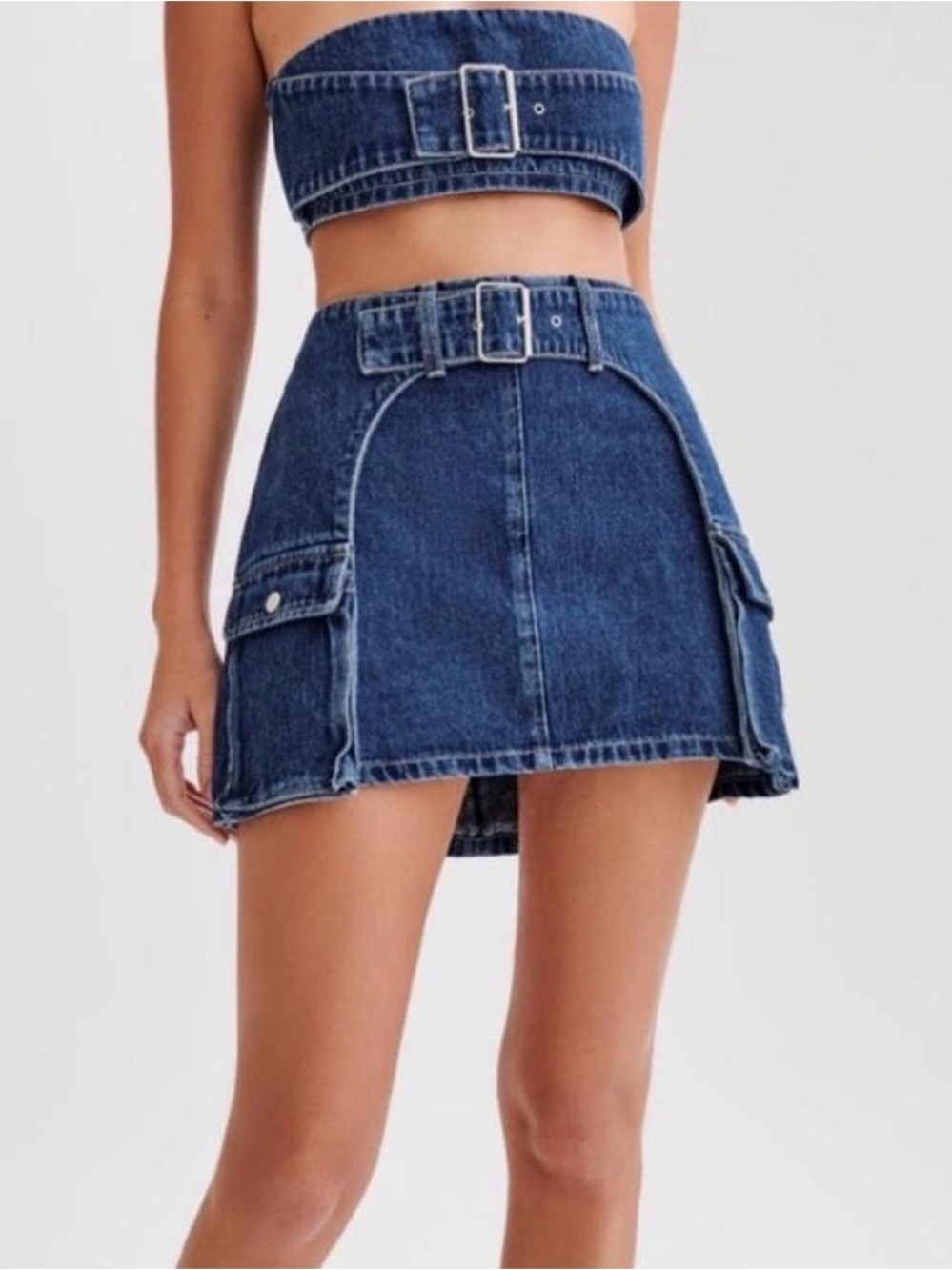 Meshki Dark Blue Denim Belted Mini Skirt